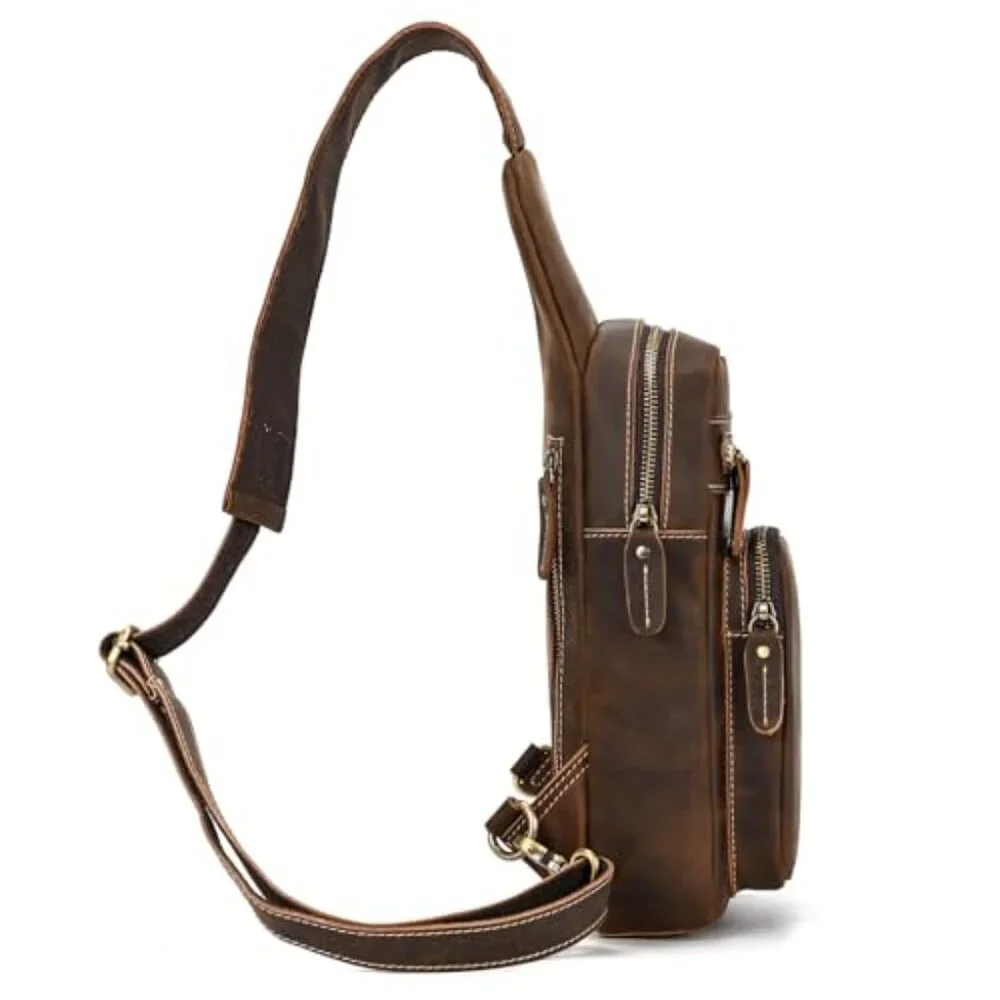 Genuine Leather Sling Bag Multi Pocket Crossbody Backpack Travel Sport